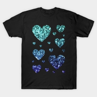 Teal and Dark Blue Ombre Faux Glitter Hearts T-Shirt